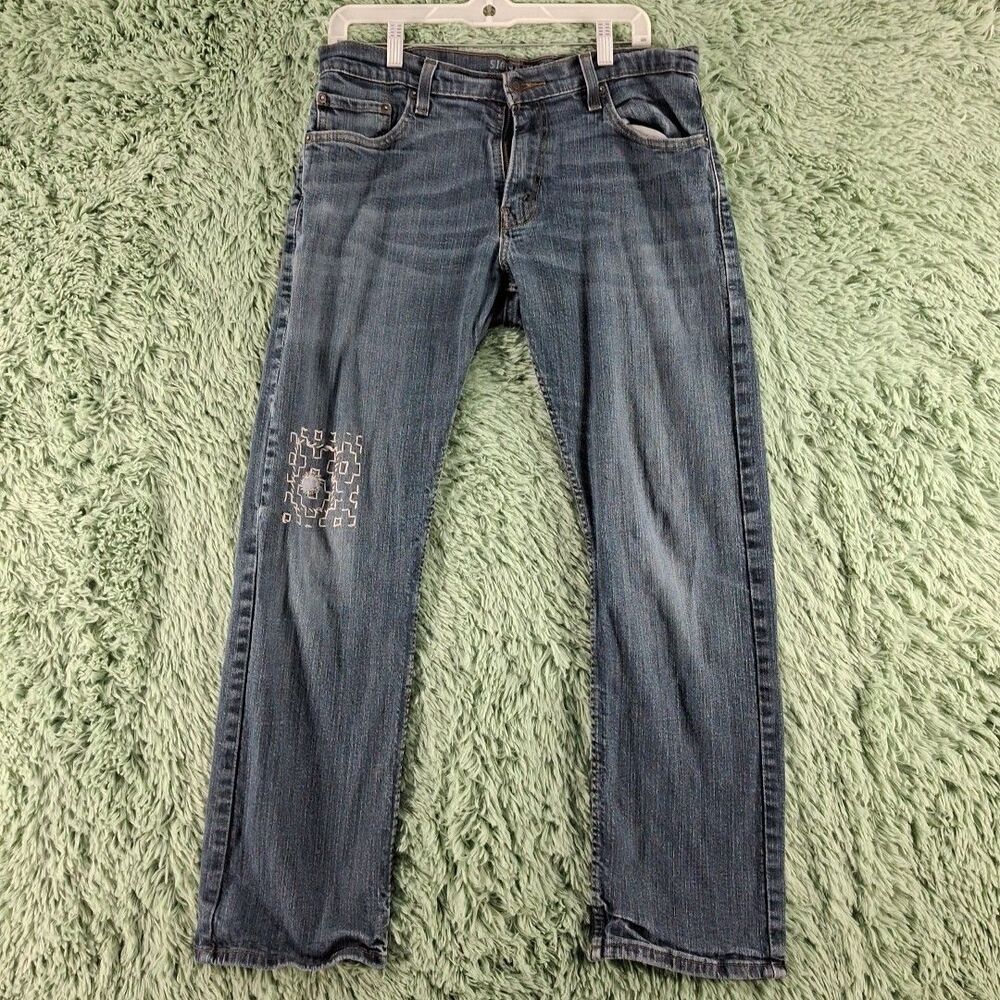Signature Levi 34x30 Straight Distressed Custom Artwork Womens Blue